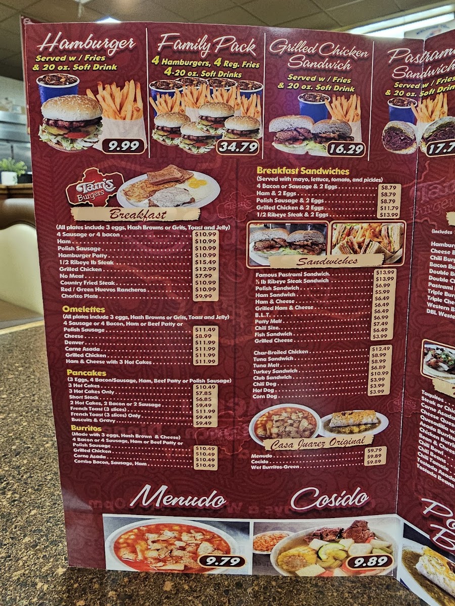 Tam's Burgers menu board