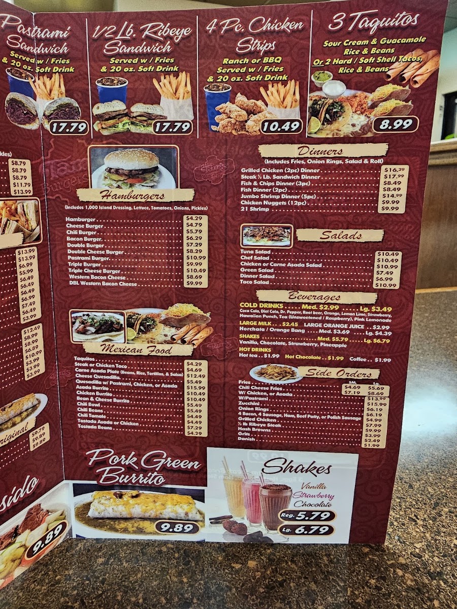 Tam's Burgers menu board