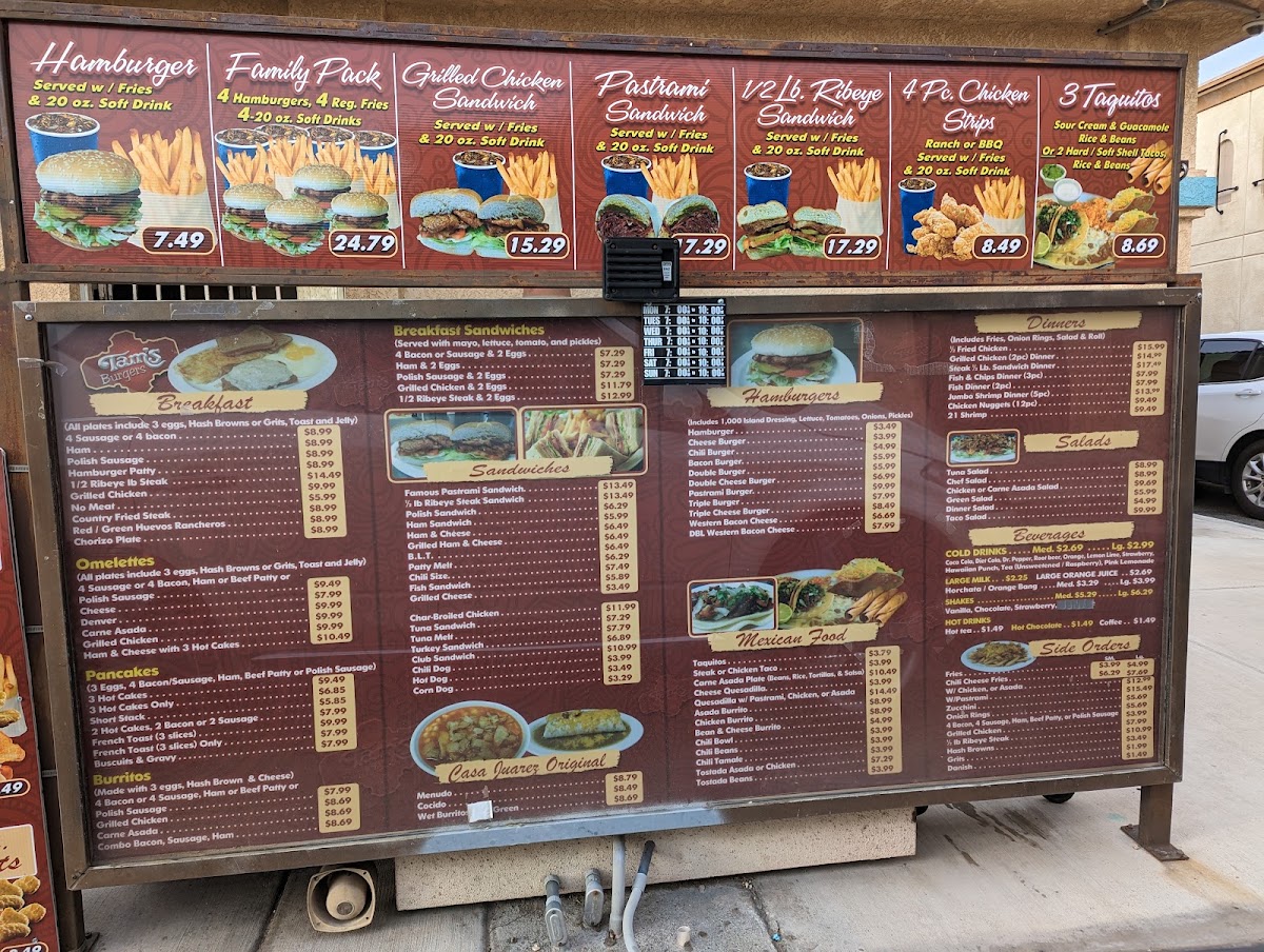 Tam's Burgers menu board