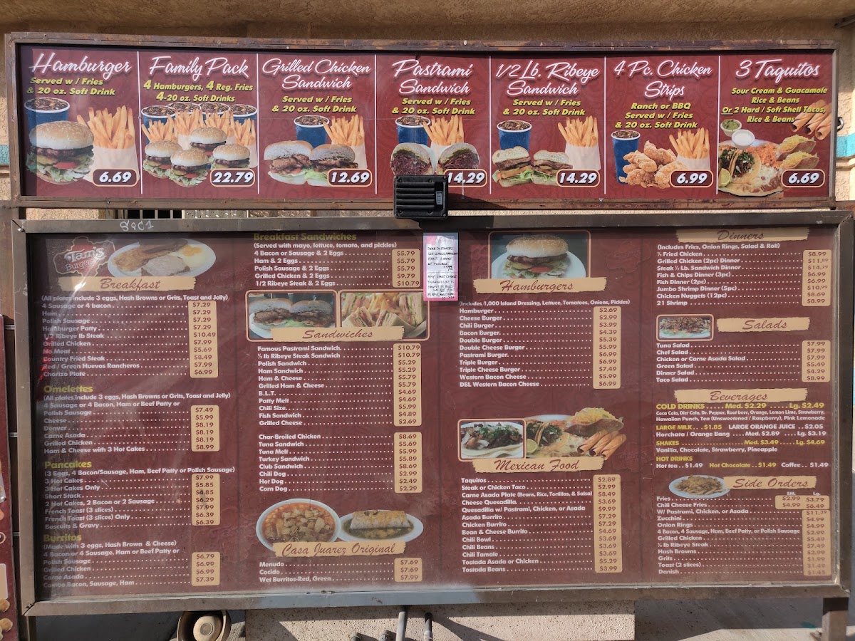 Tam's Burgers menu board