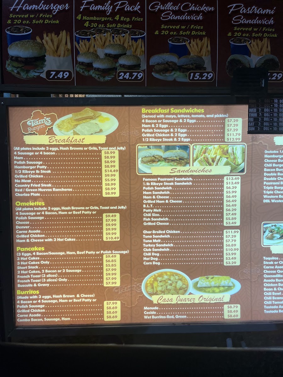 Tam's Burgers menu board