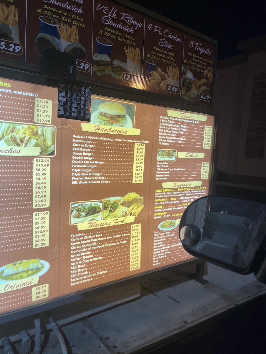 Tam's Burgers menu board