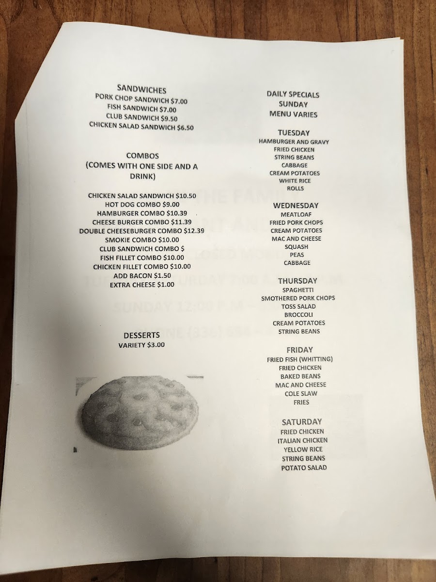 All in the Family Grill and Mini mart menu board
