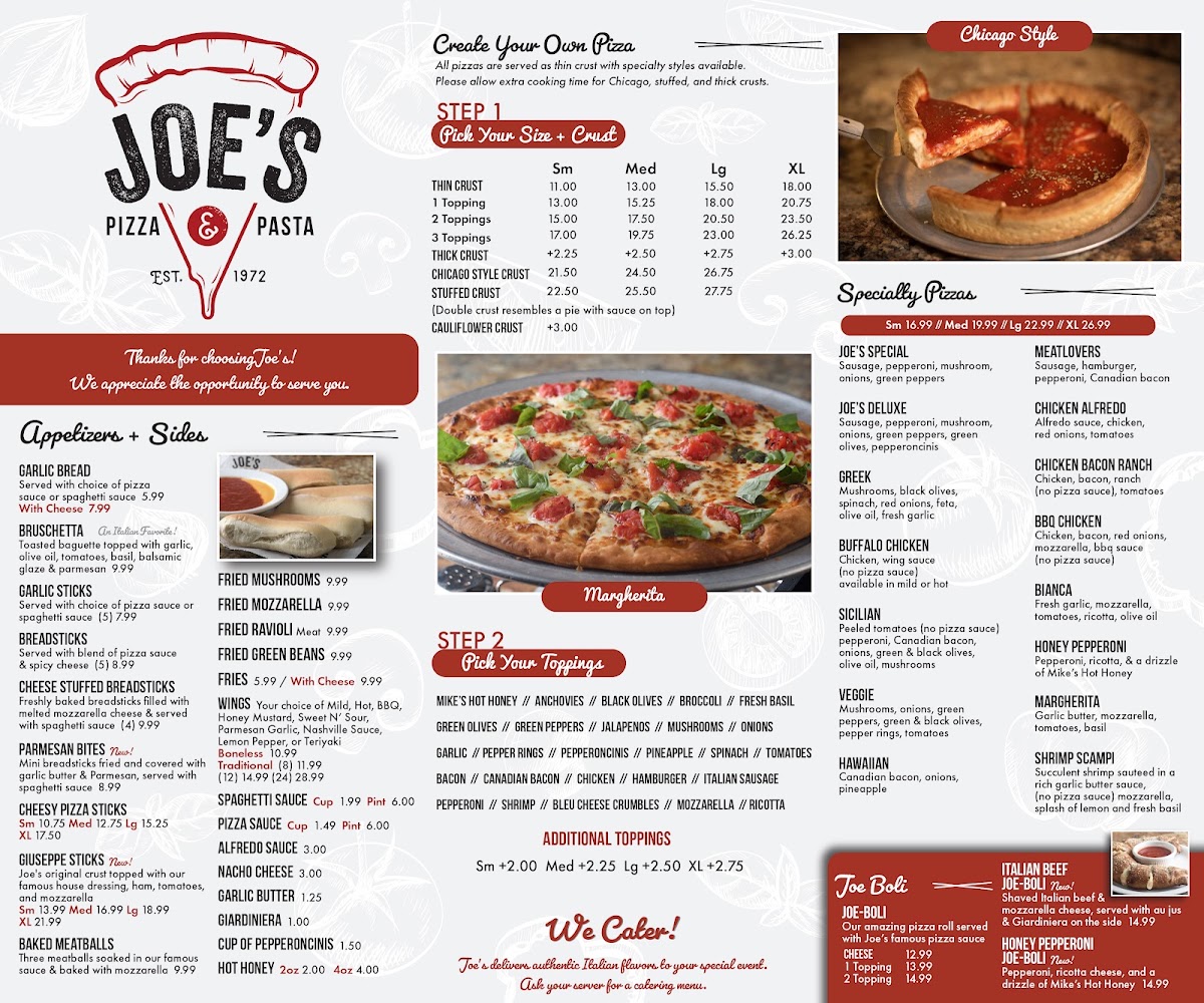 Joe's Pizza & Pasta menu board