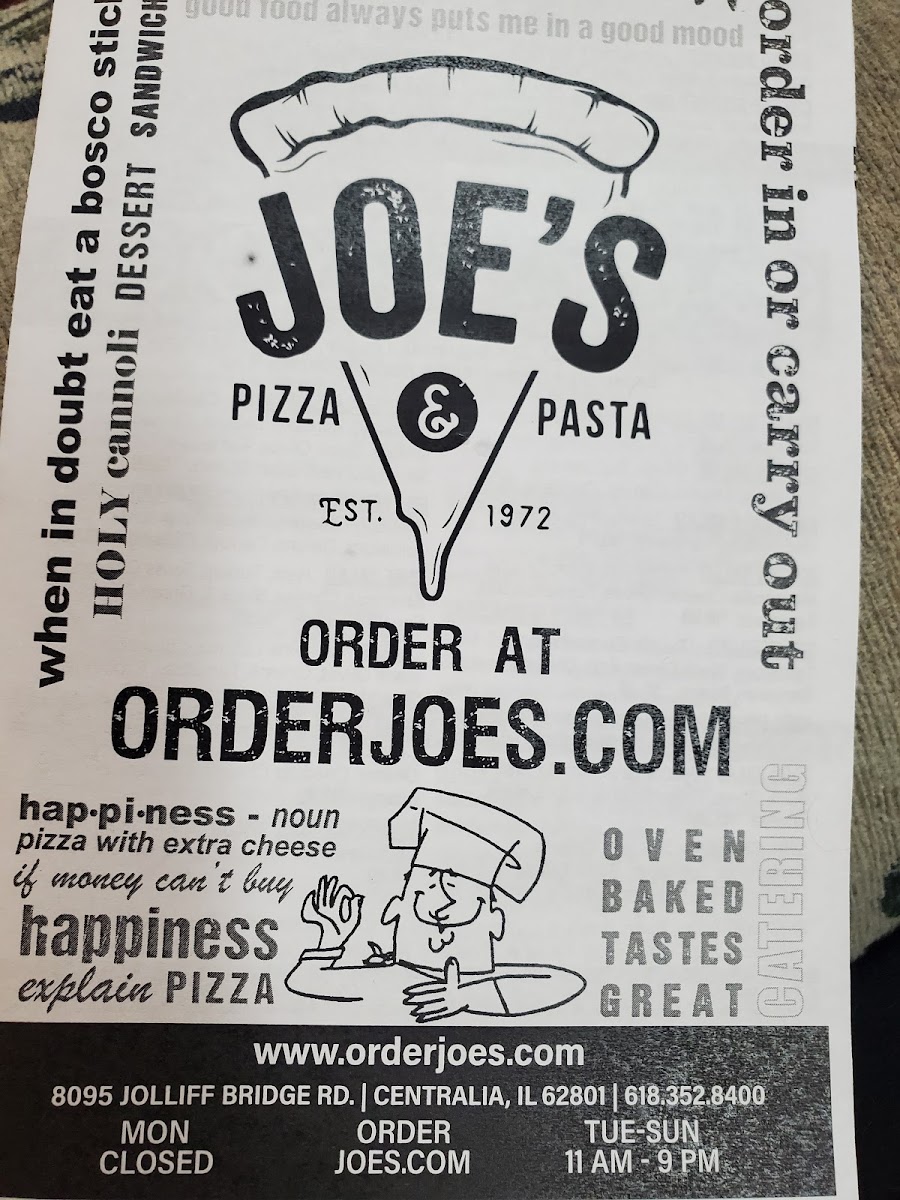 Joe's Pizza & Pasta menu board