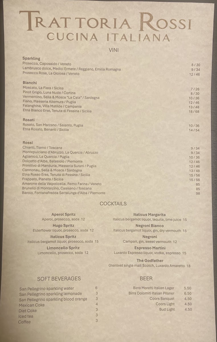 Trattoria Rossi menu board