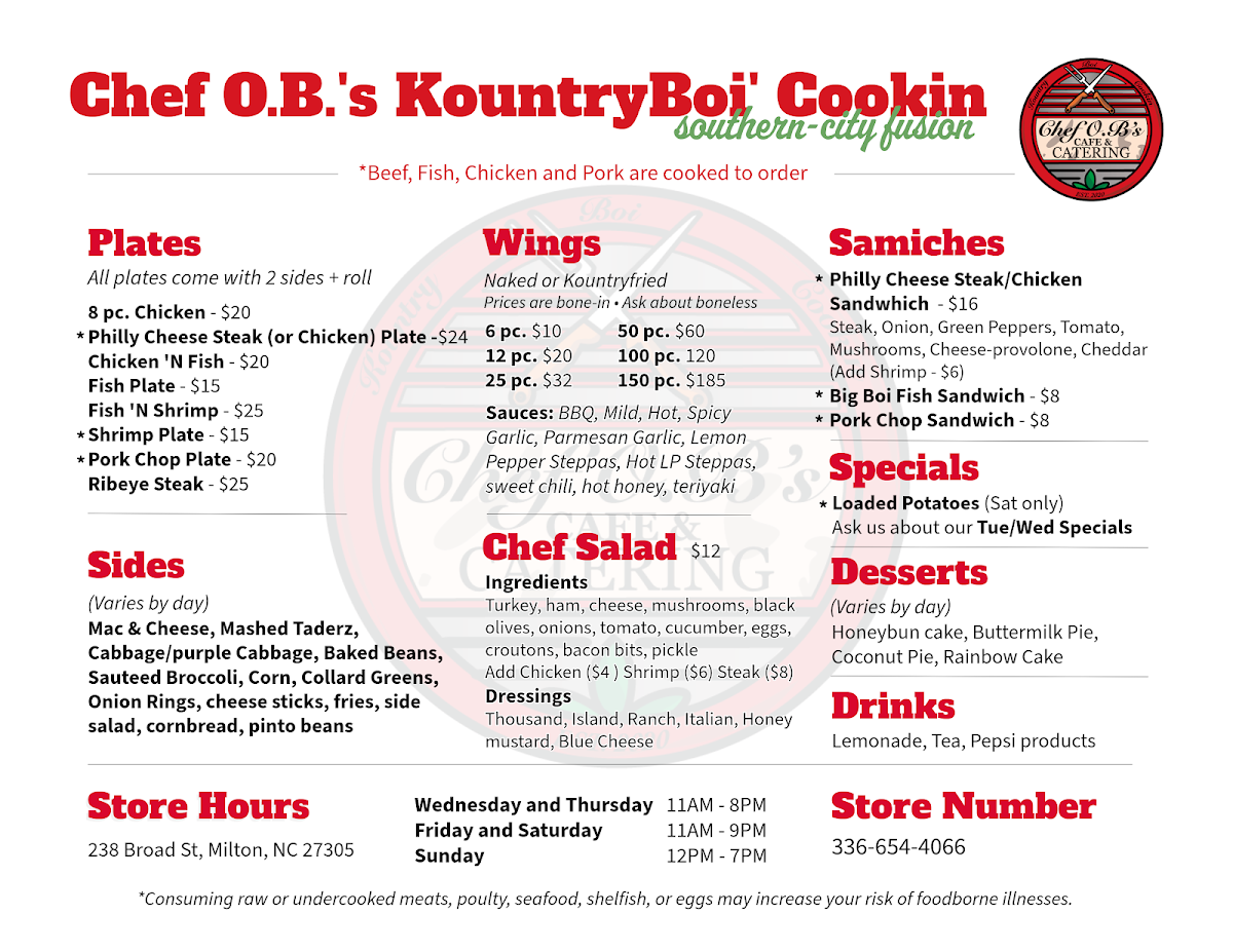 Chef O.B's KountryBoi' Cookin Cafe & Catering menu board