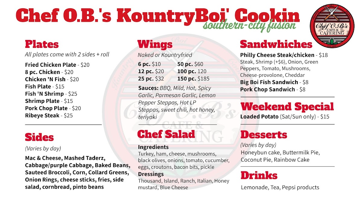 Chef O.B's KountryBoi' Cookin Cafe & Catering menu board