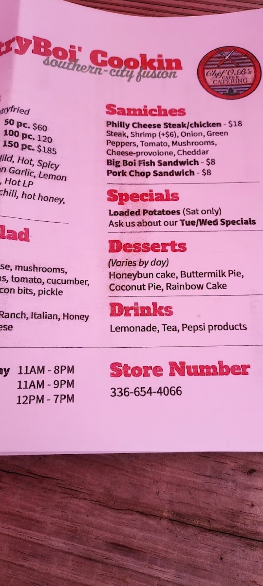 Chef O.B's KountryBoi' Cookin Cafe & Catering menu board