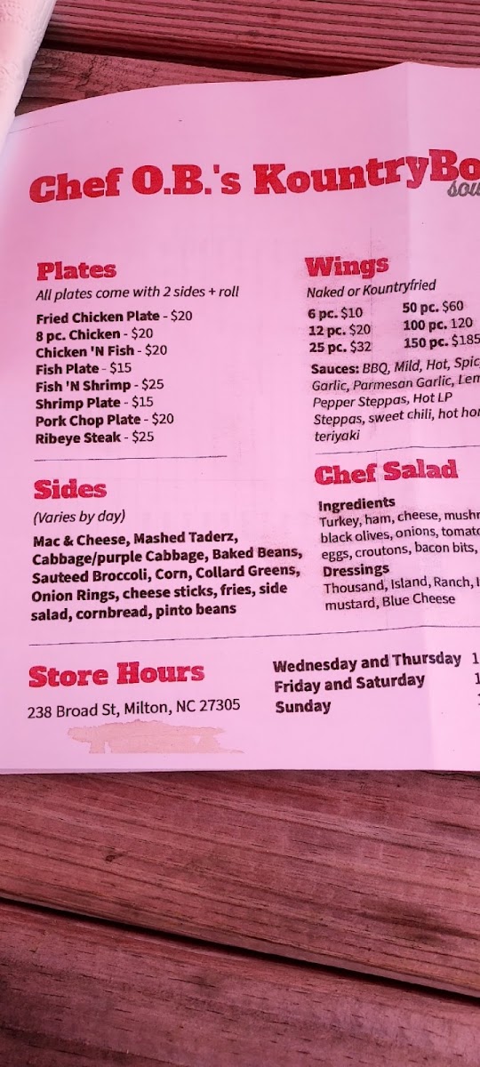 Chef O.B's KountryBoi' Cookin Cafe & Catering menu board