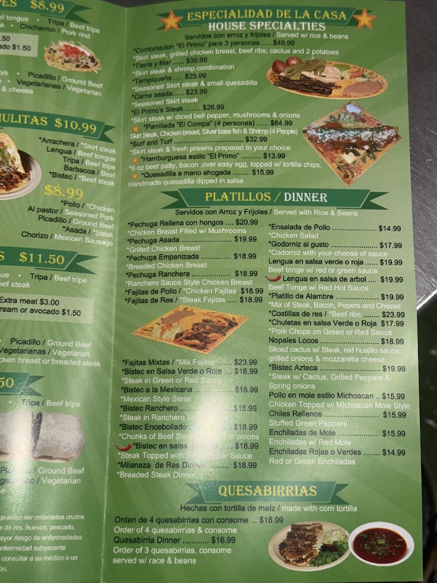 La Taqueria El Primo menu board