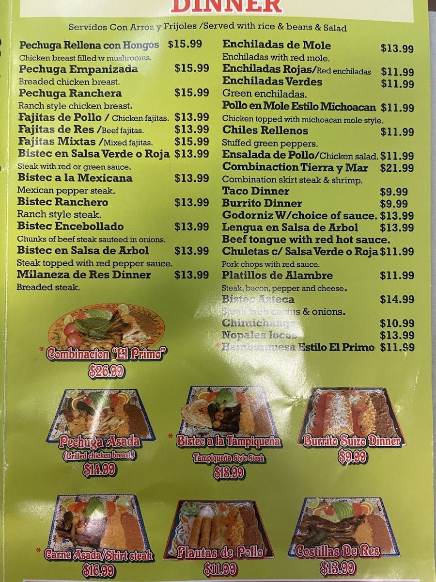 La Taqueria El Primo menu board