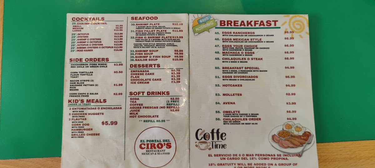 El Portal Del CIRO'S Mexican & Seafood menu board