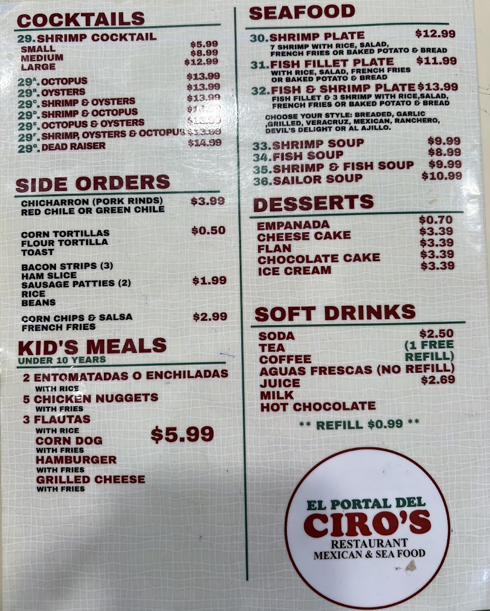 El Portal Del CIRO'S Mexican & Seafood menu board