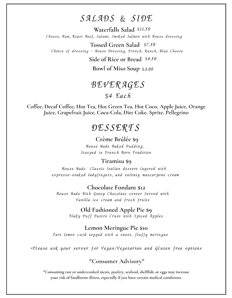 Waterfalls Restaurant & Bar menu board