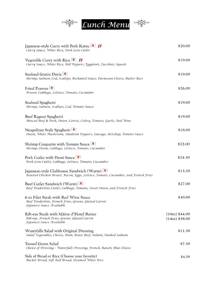 Waterfalls Restaurant & Bar menu board
