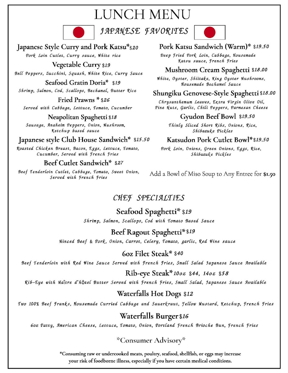 Waterfalls Restaurant & Bar menu board