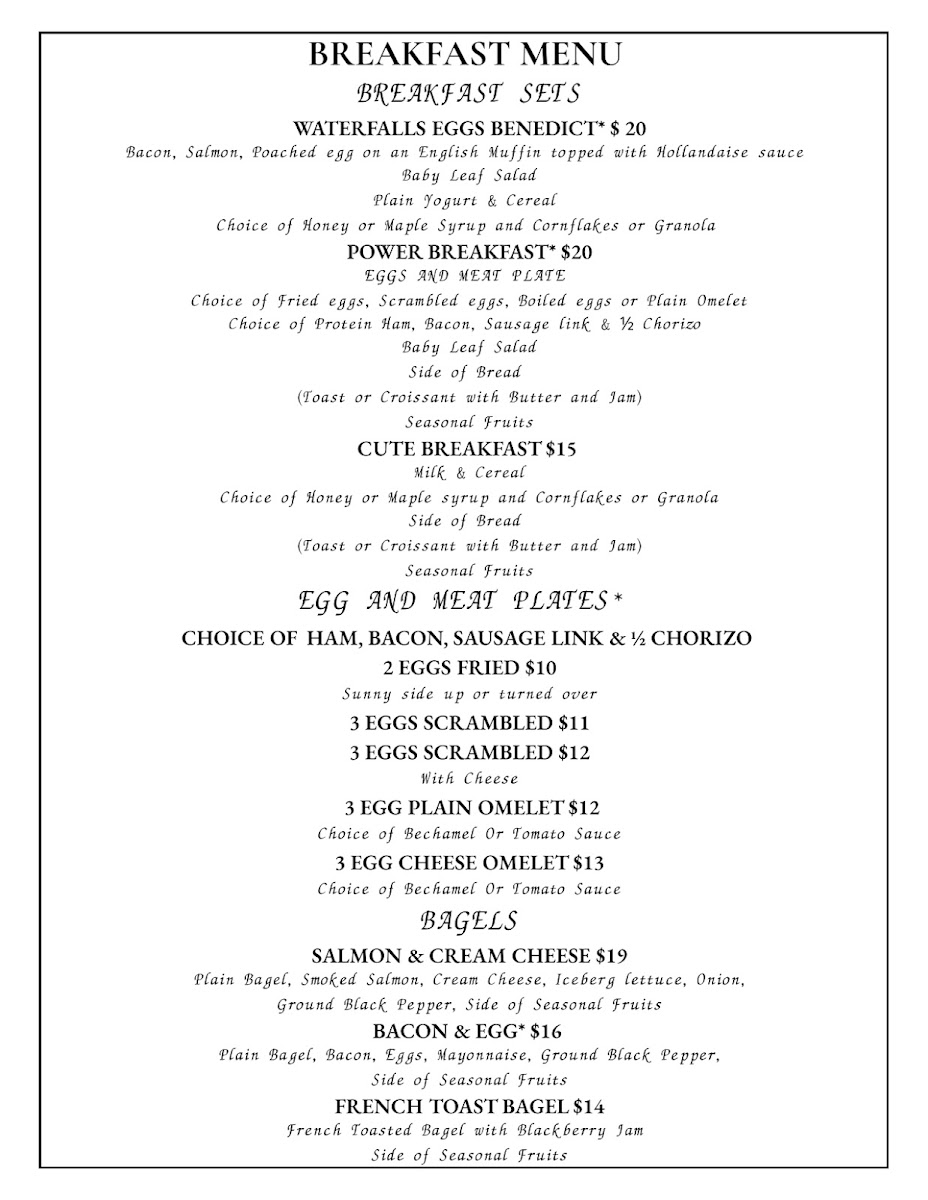 Waterfalls Restaurant & Bar menu board