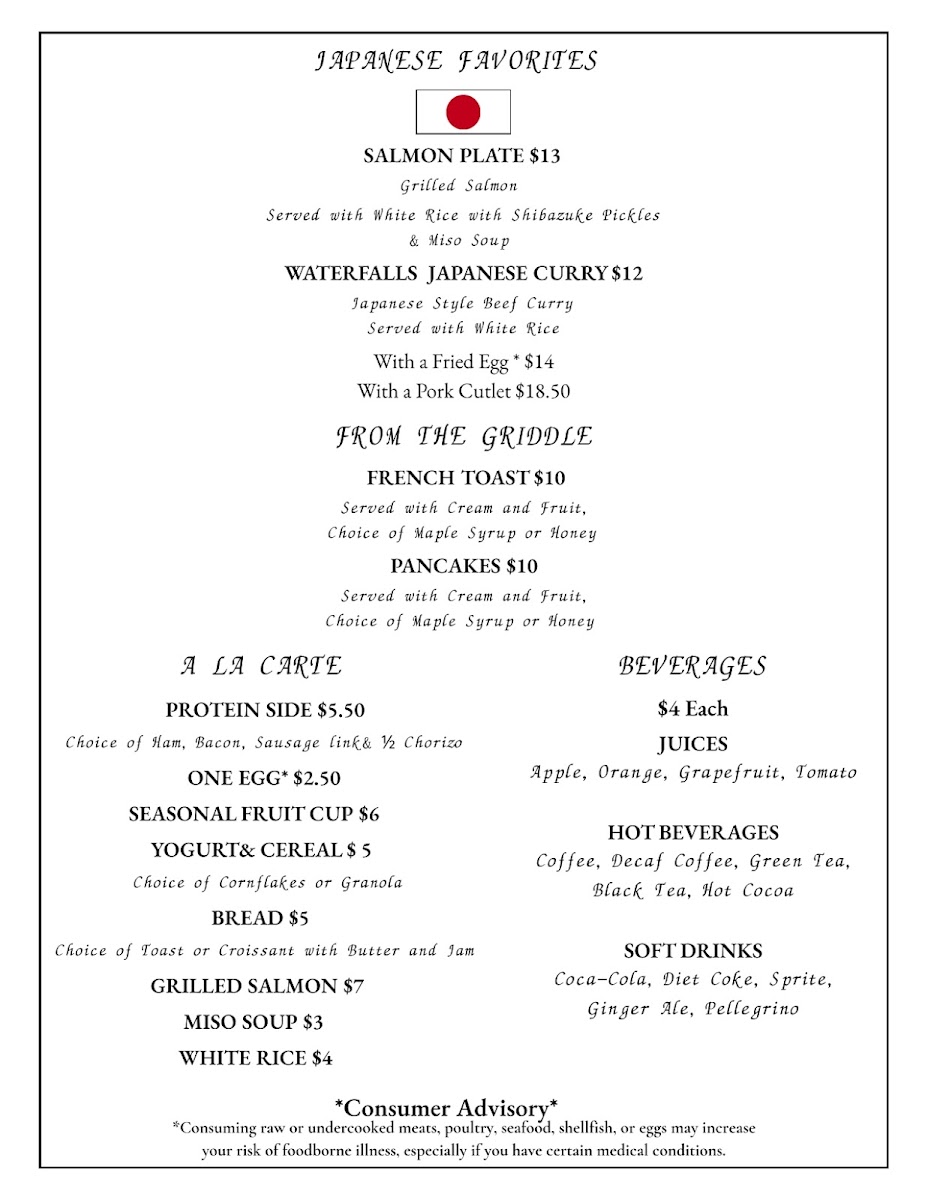 Waterfalls Restaurant & Bar menu board
