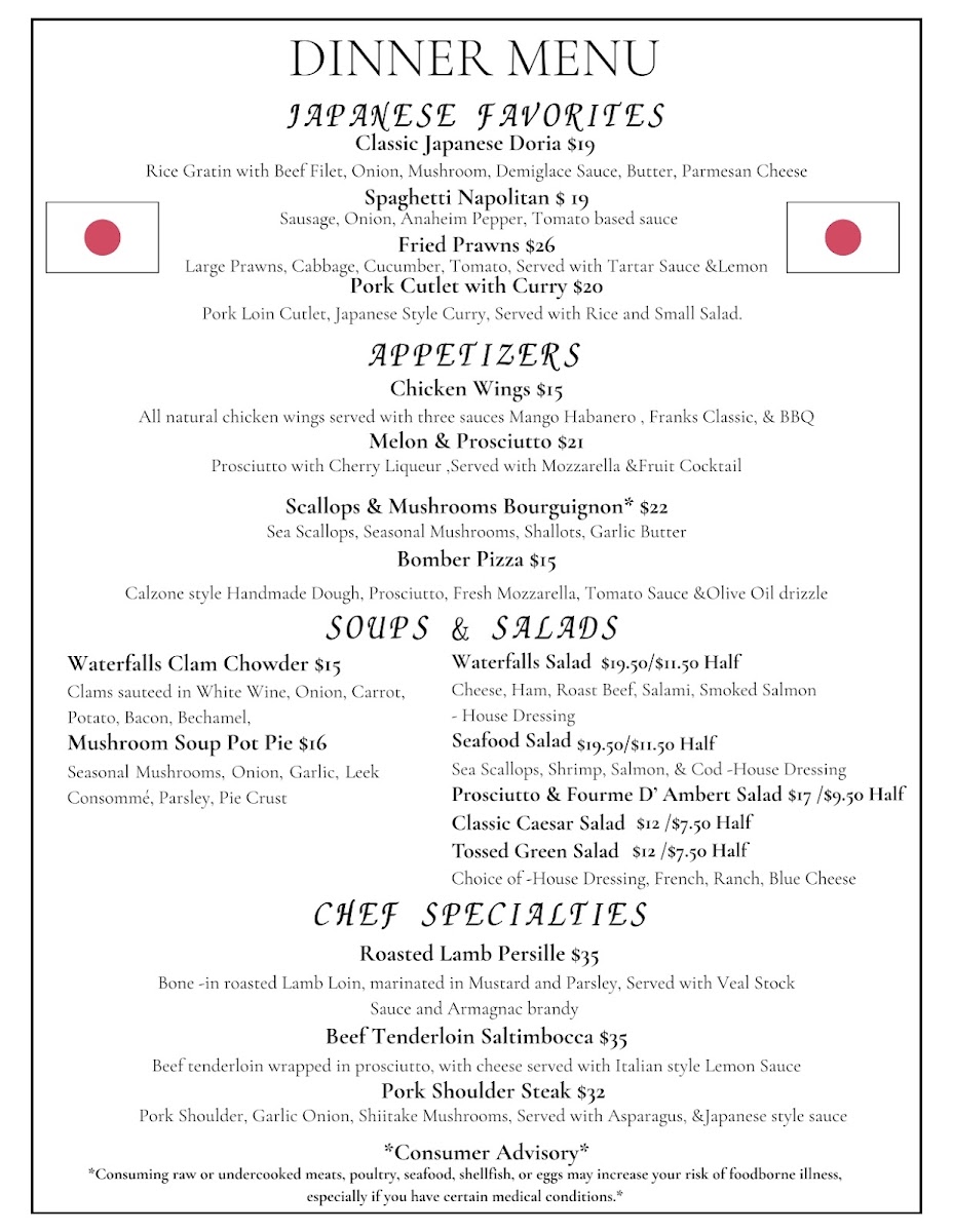Waterfalls Restaurant & Bar menu board