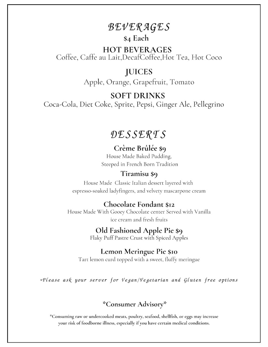 Waterfalls Restaurant & Bar menu board