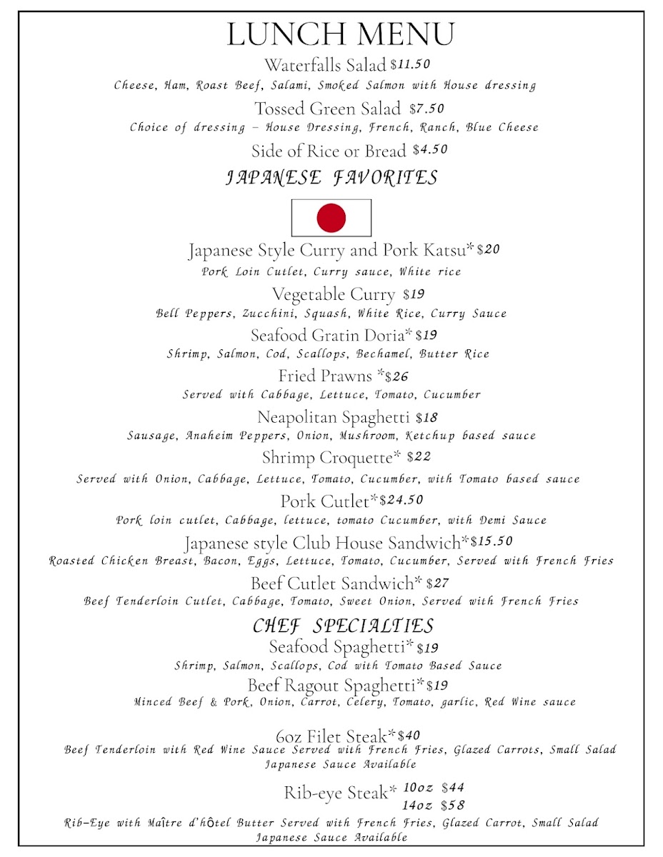 Waterfalls Restaurant & Bar menu board