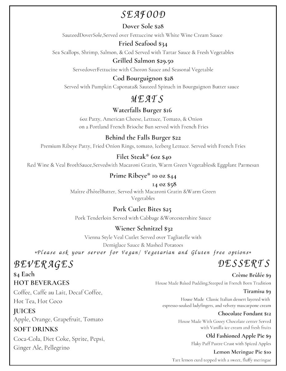 Waterfalls Restaurant & Bar menu board