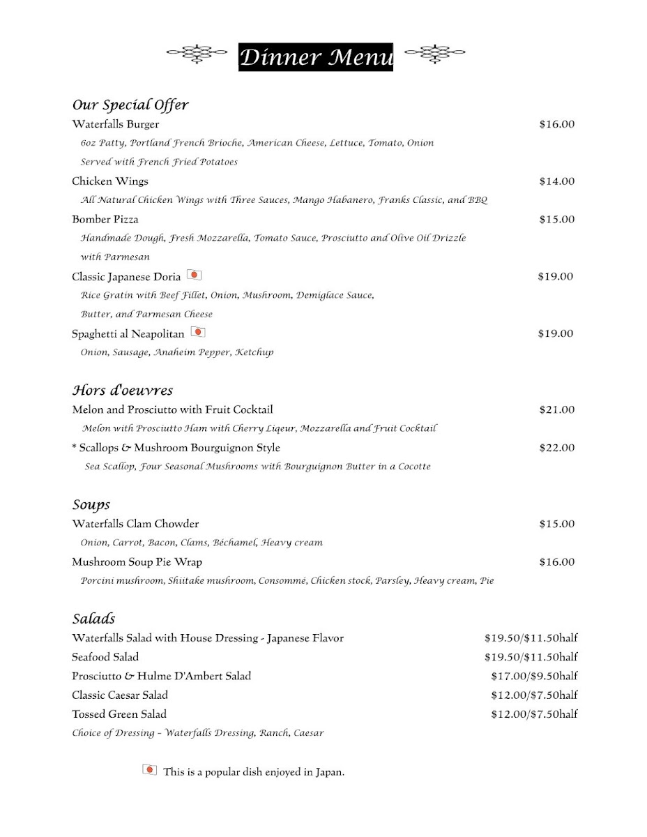 Waterfalls Restaurant & Bar menu board
