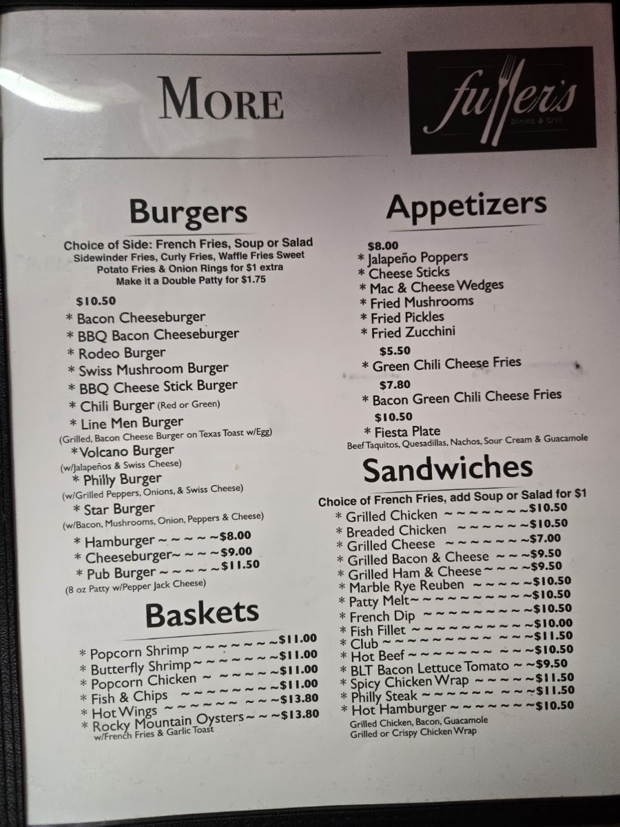 Fullers Restaurant dining and grill menu board