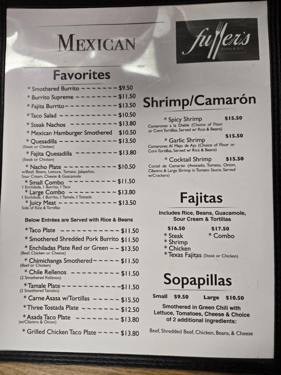 Fullers Restaurant dining and grill menu board