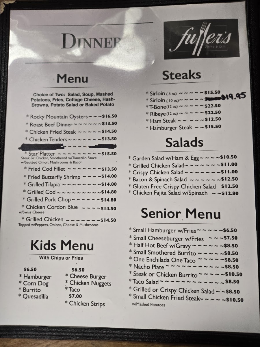 Fullers Restaurant dining and grill menu board