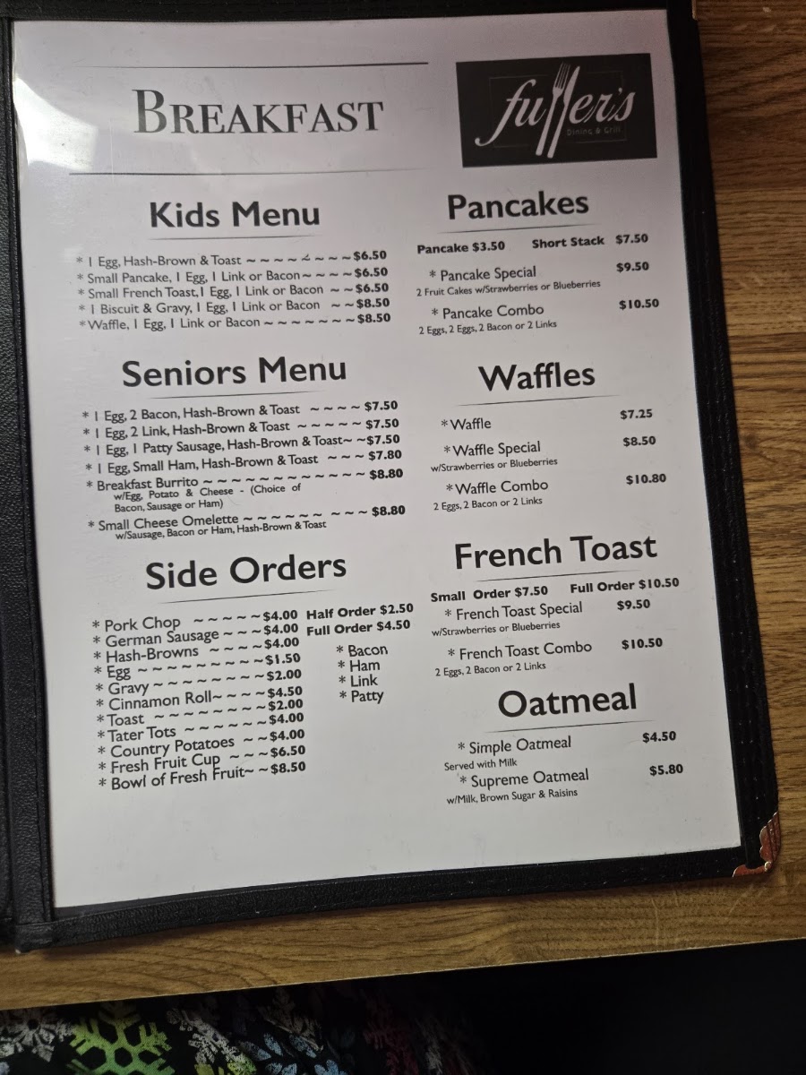 Fullers Restaurant dining and grill menu board