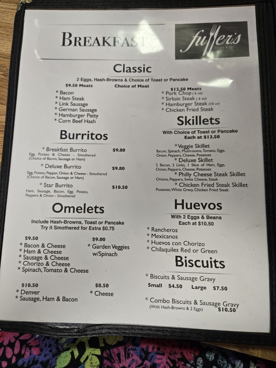 Fullers Restaurant dining and grill menu board