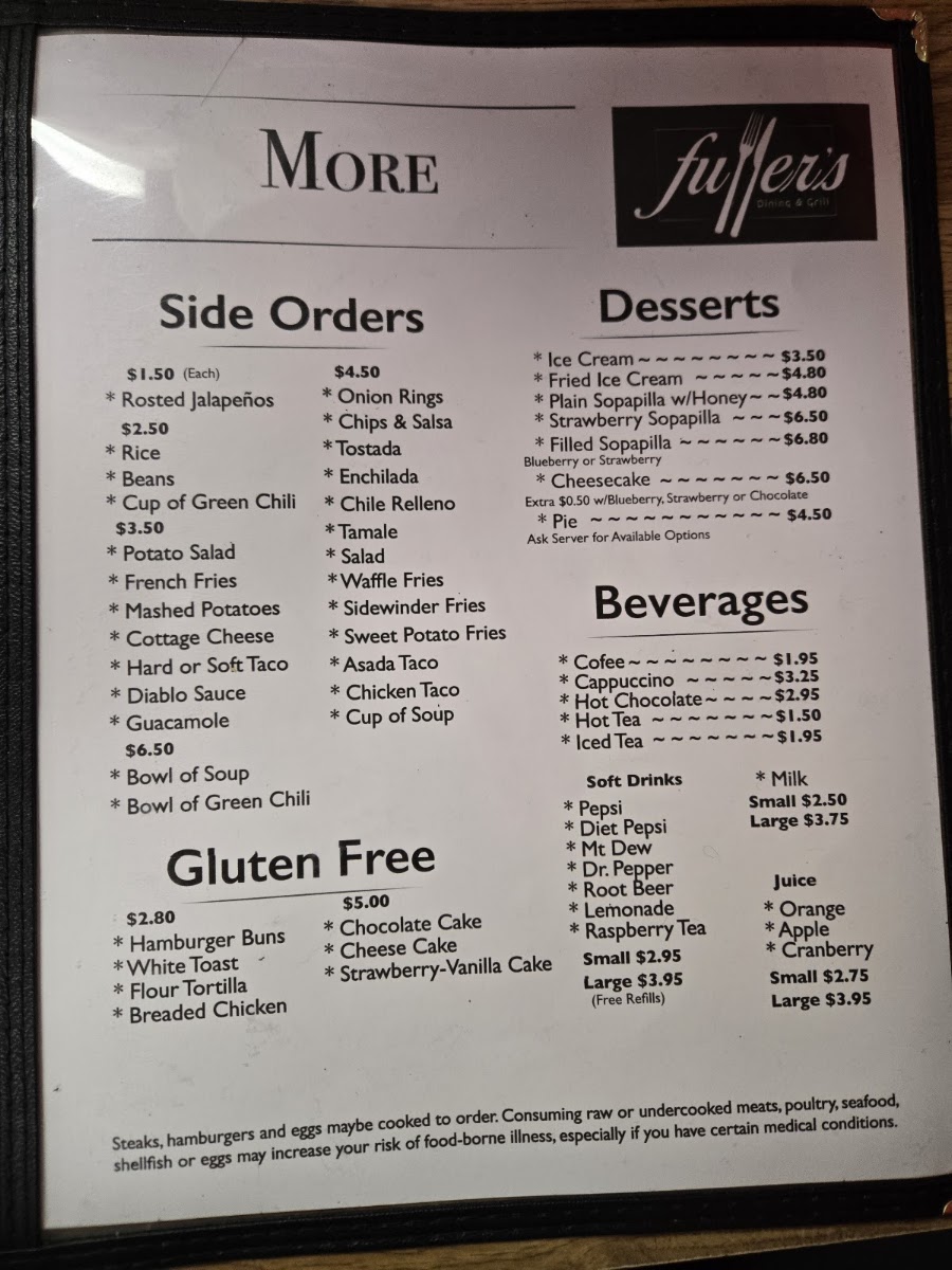 Fullers Restaurant dining and grill menu board