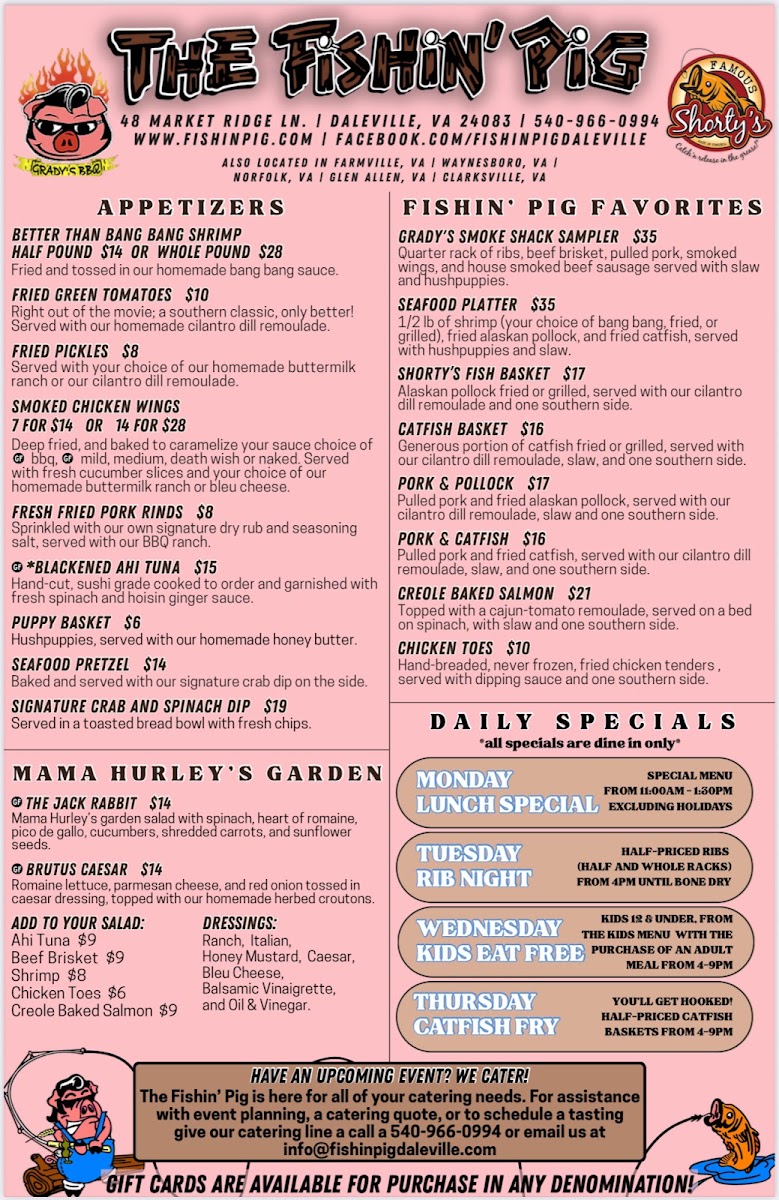 The Fishin' Pig-Daleville menu board