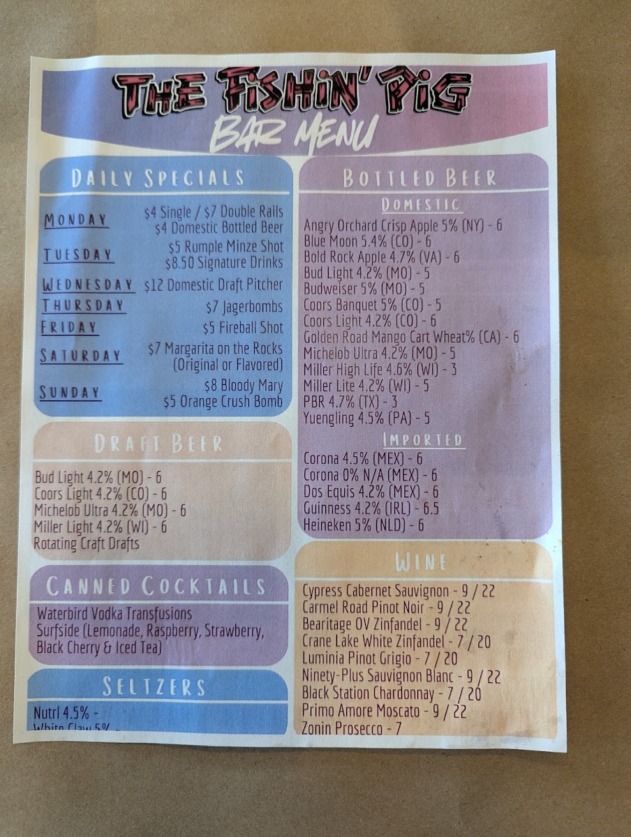 The Fishin' Pig-Daleville menu board