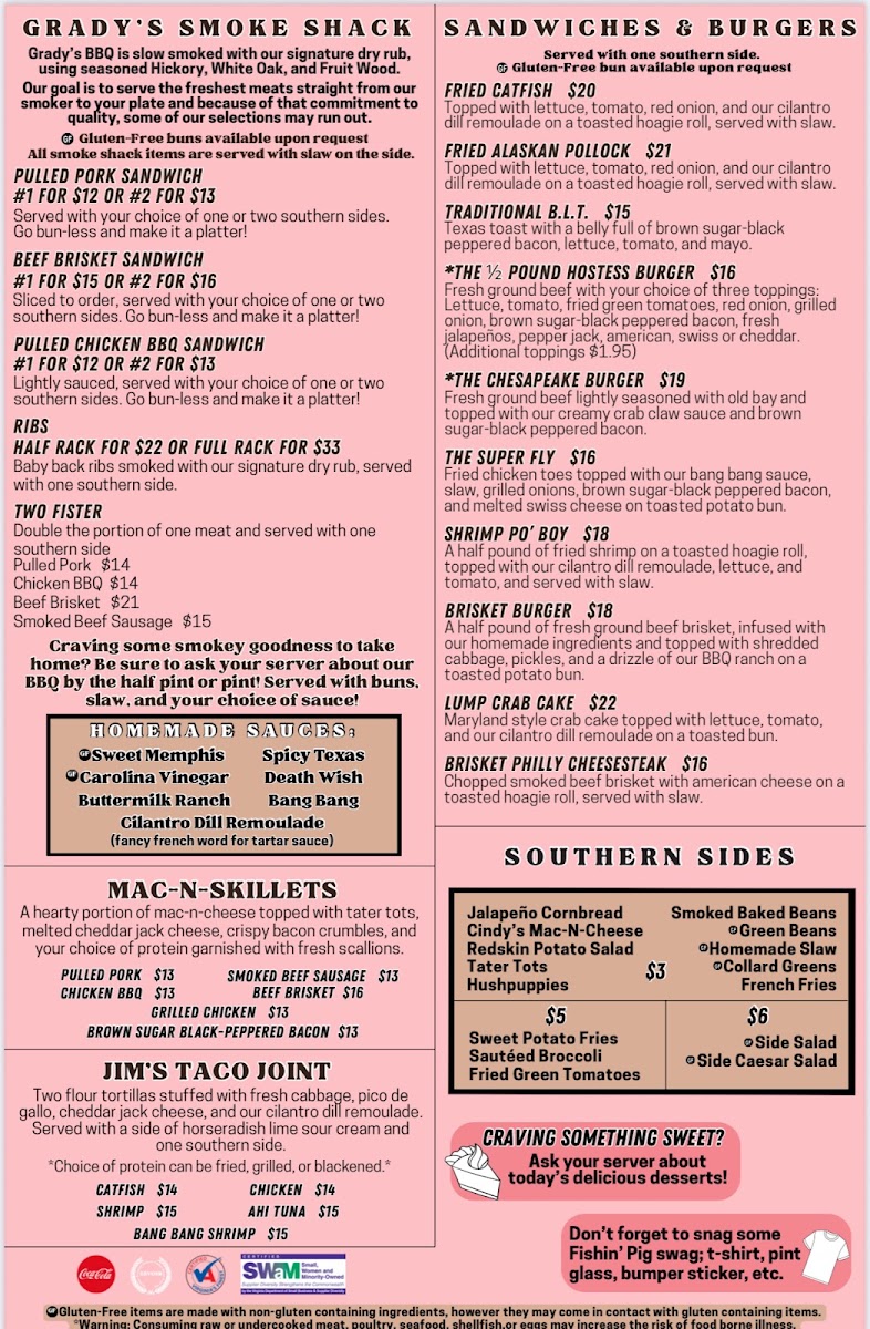 The Fishin' Pig-Daleville menu board