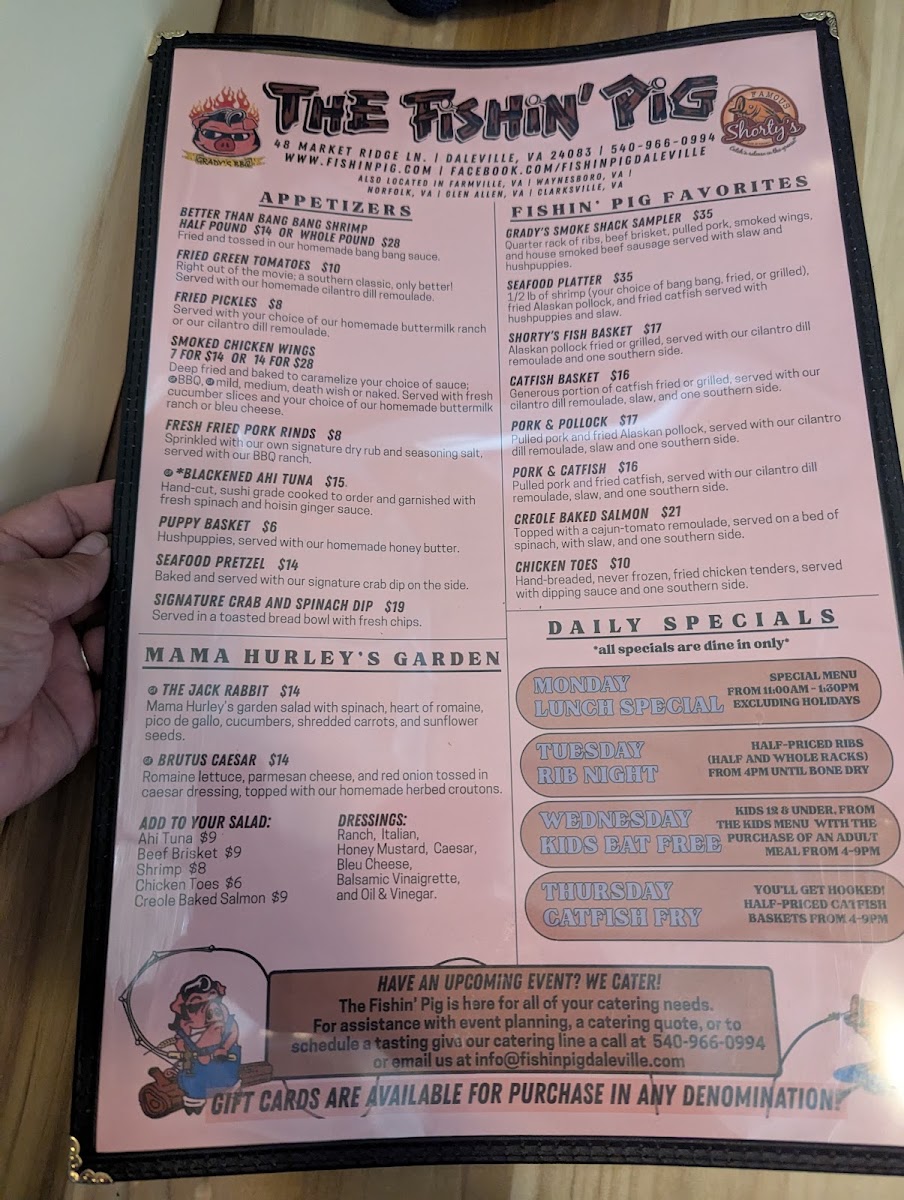 The Fishin' Pig-Daleville menu board