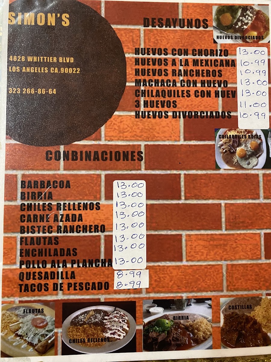Simon's Restaurant menu board