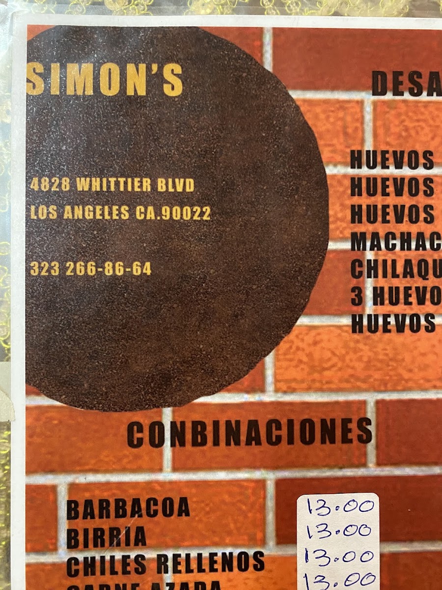 Simon's Restaurant menu board