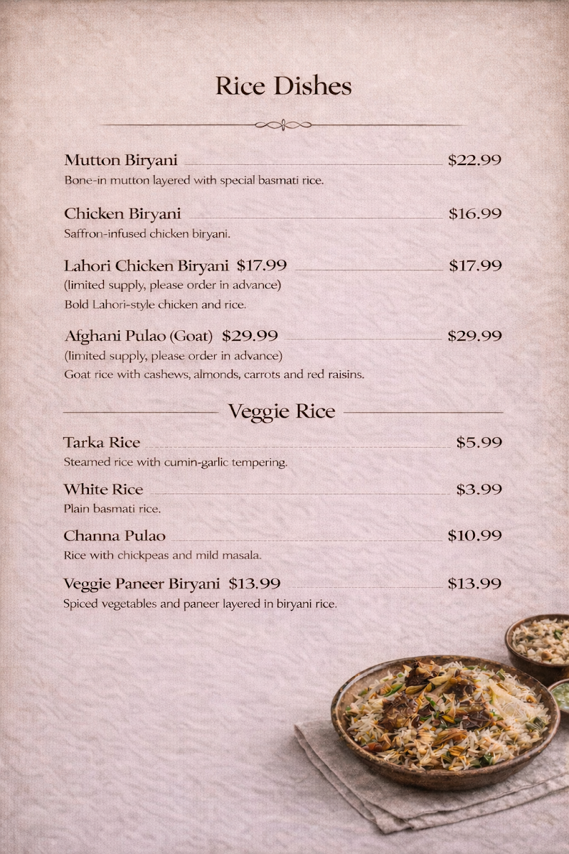 Lahore Spice menu board