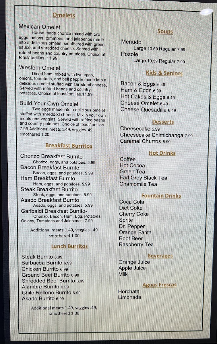 Garibaldi Mexican Kitchen menu board