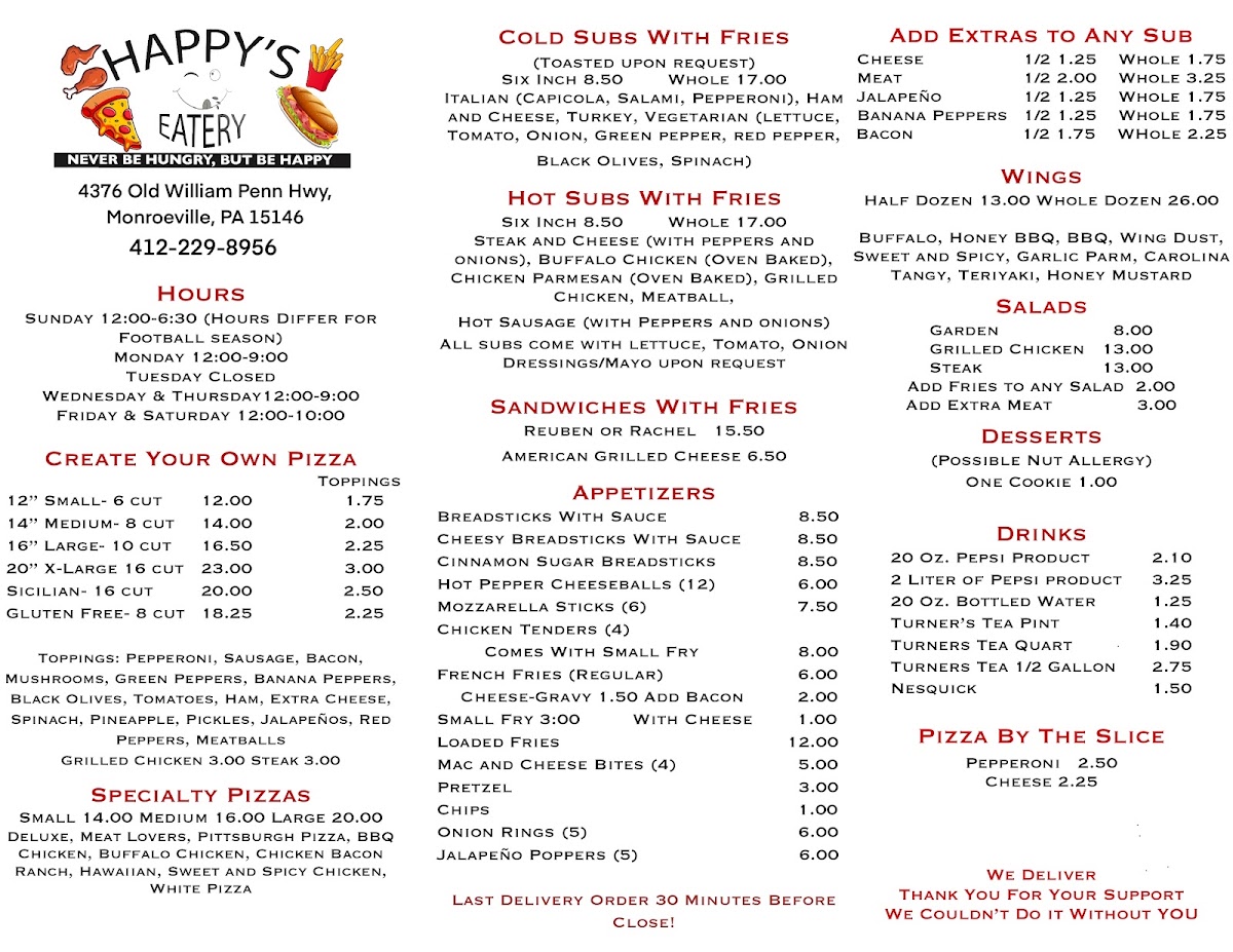 Happy's Eatery menu board