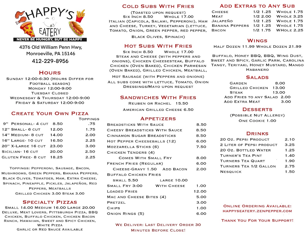 Happy's Eatery menu board