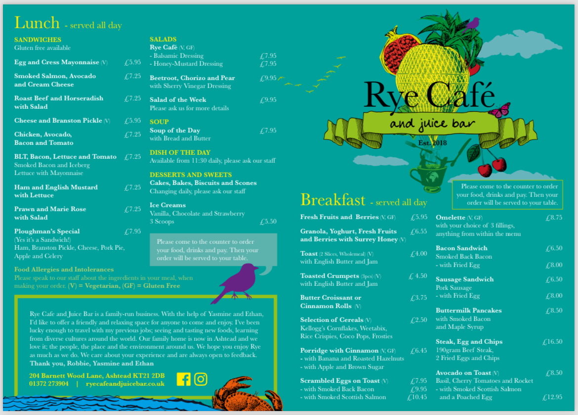 Rye Cafe and Juice Bar menu board
