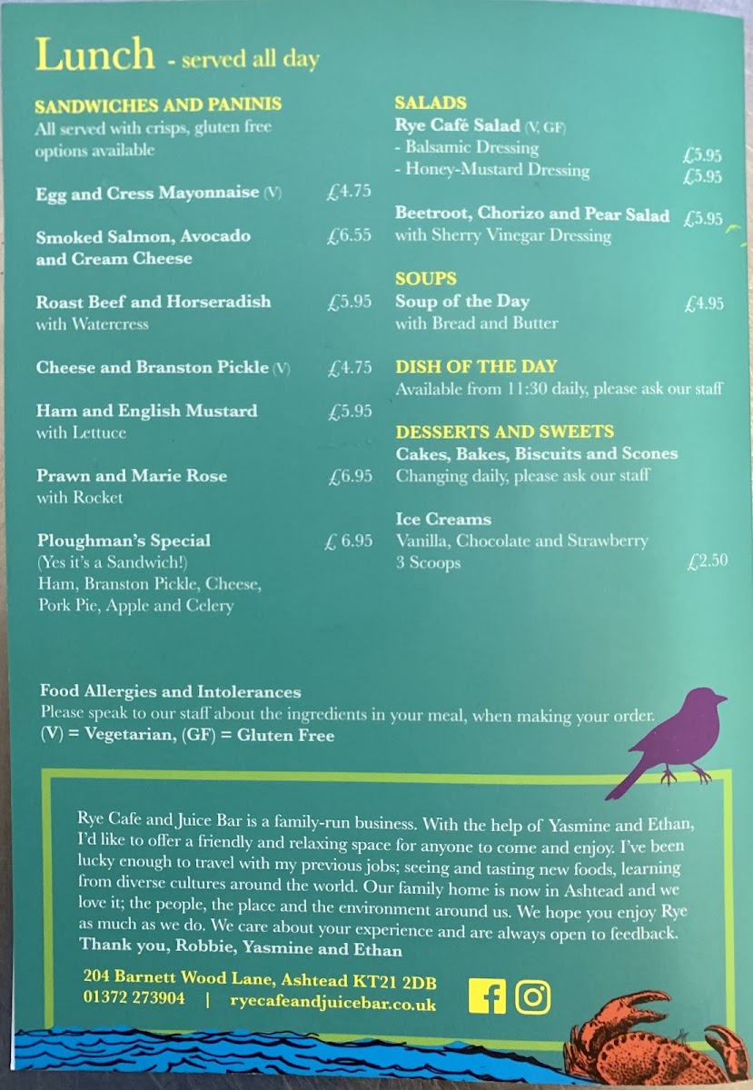 Rye Cafe and Juice Bar menu board