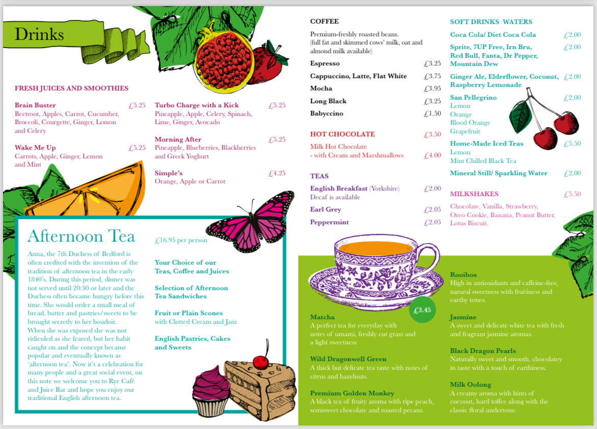 Rye Cafe and Juice Bar menu board