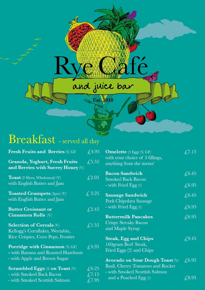 Rye Cafe and Juice Bar menu board