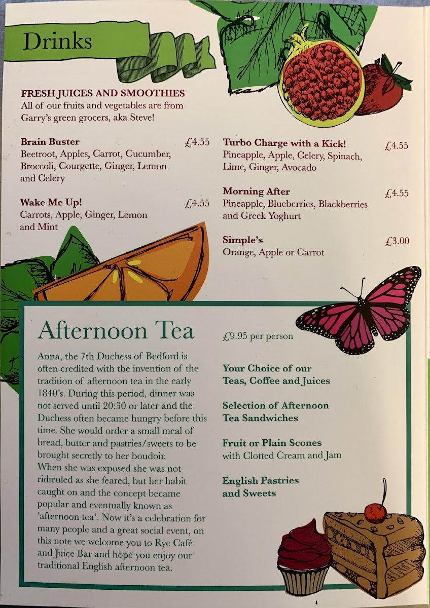 Rye Cafe and Juice Bar menu board