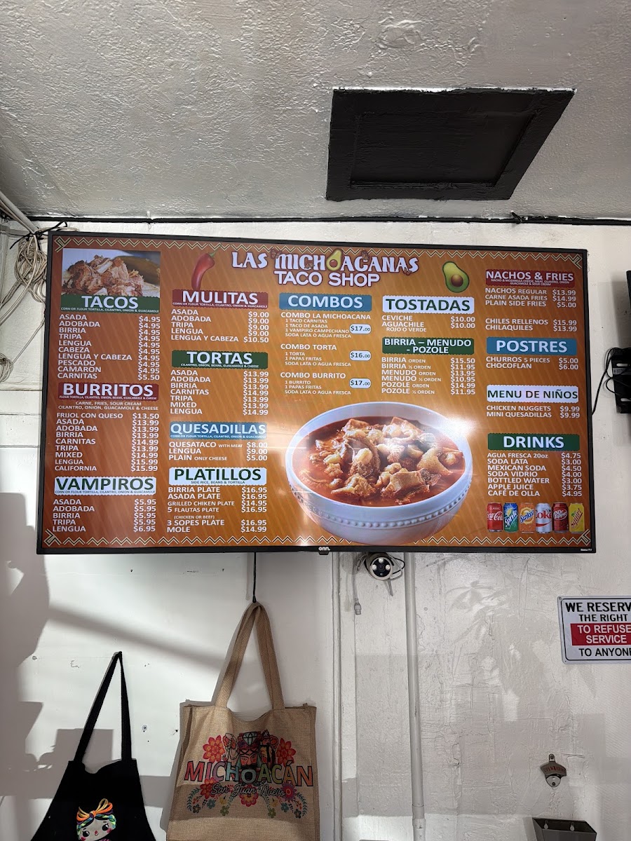 Las Michoacanas taco shop menu board